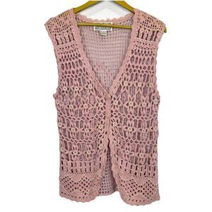 Vintage Y2K Womens Top L Pink Crochet Long Vest Boho Hippie Pearls Embellished